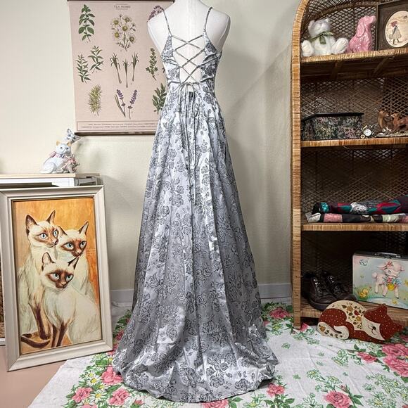 Vtg 90s Y2k Floral Lace Up Back Formal Dress Whimsigoth Romantic Goth Hoco M 7 - Picture 2 of 8